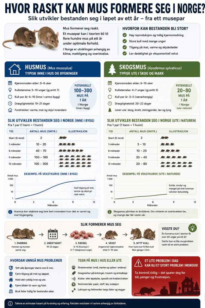 Infografikk og hvor raskt en musefamilie kan utvikle seg. Hvor mange mus kan det bli på et år.
