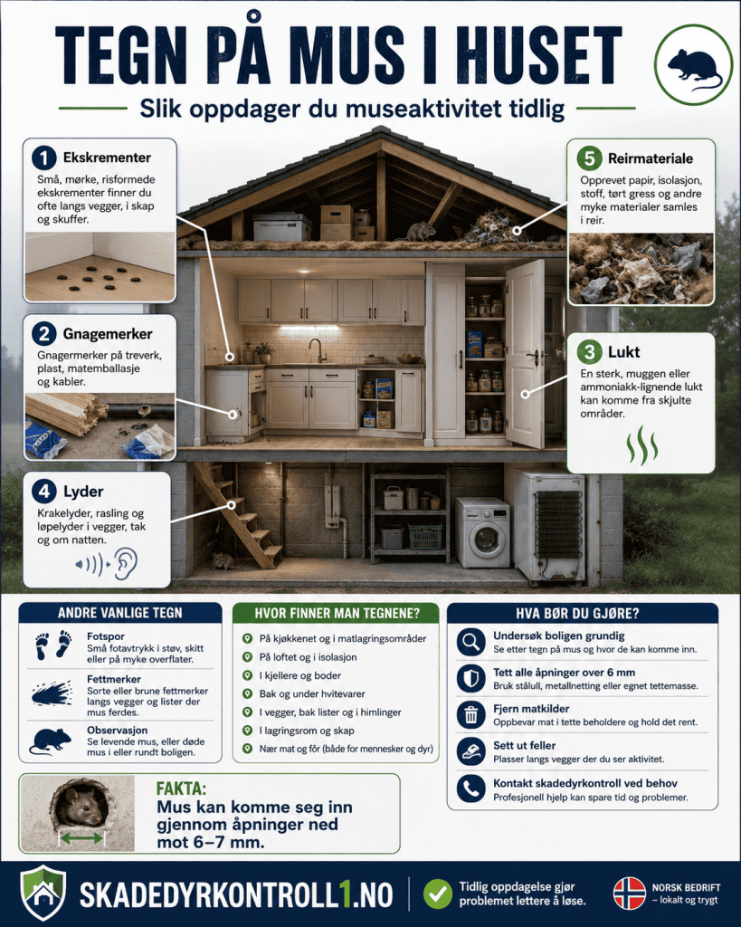 Infografikk. Tegn på mus i huset. Visuell fremstilling av tegn på at du har mus i huset. Hva bør du se etter