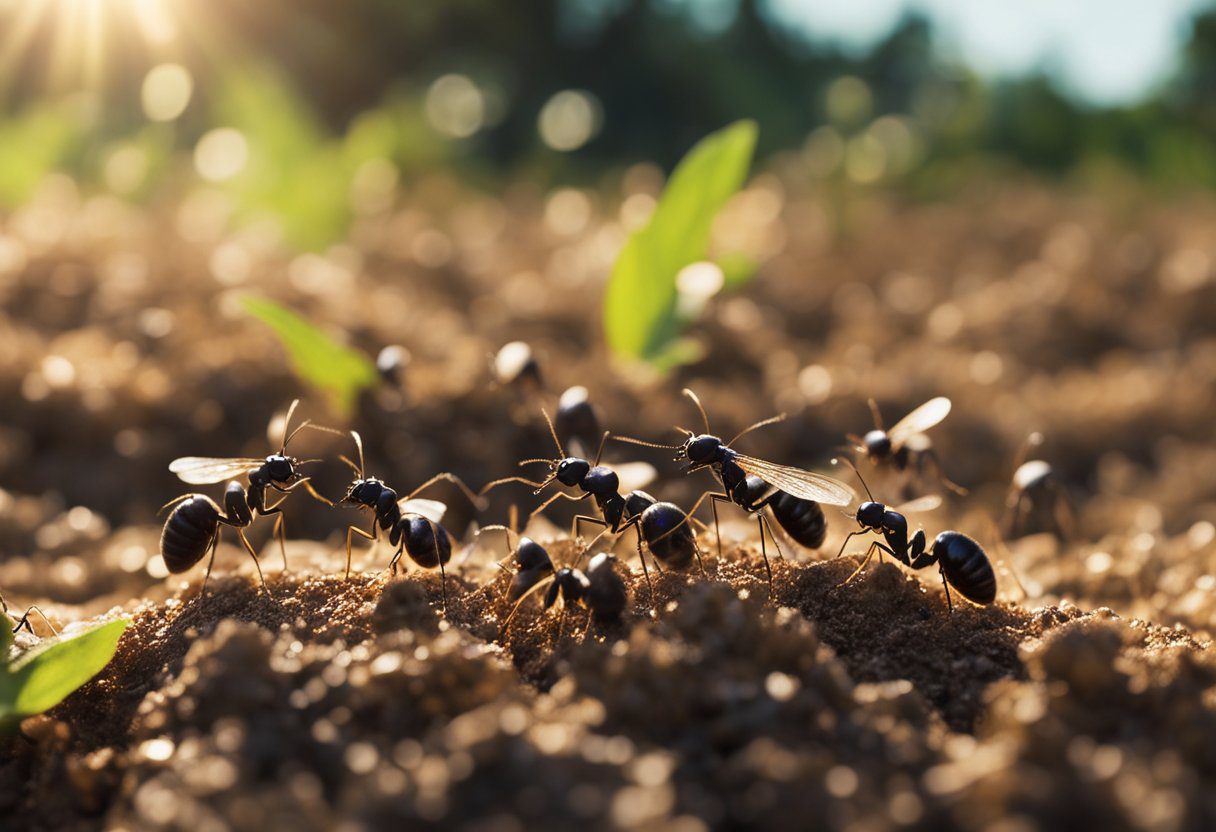 A swarm of flying ants emerges from the ground, their transparent wings glistening in the sunlight as they take to the air