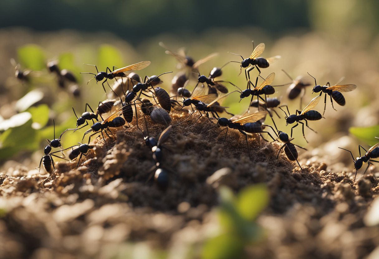 A swarm of flying ants emerging from a nest, with wings spread and bodies in motion