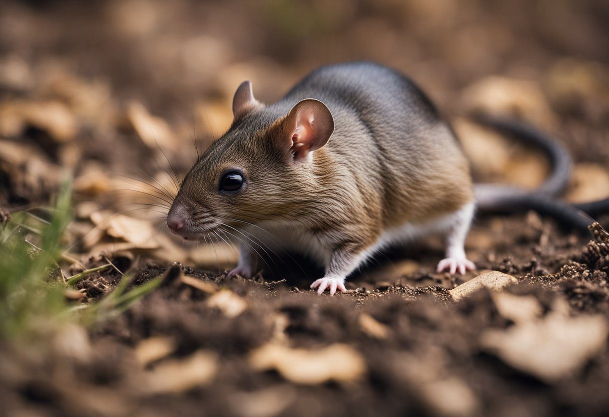 Rodent control scene: Setting traps, inspecting for signs of infestation, and disposing of pests. No humans or body parts