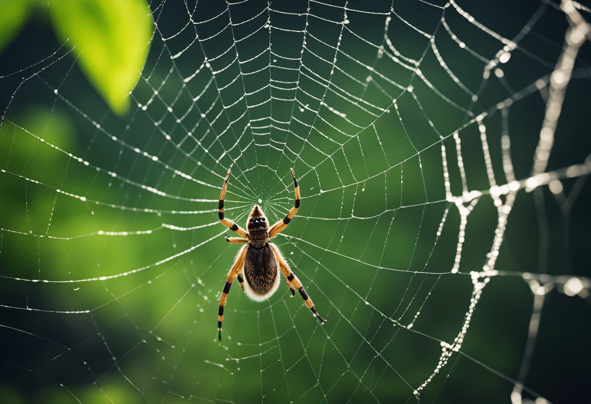 An illustration of a spider in its natural habitat, weaving a web. Surrounding environment shows typical spider habitats like dark corners, cracks, and crevices