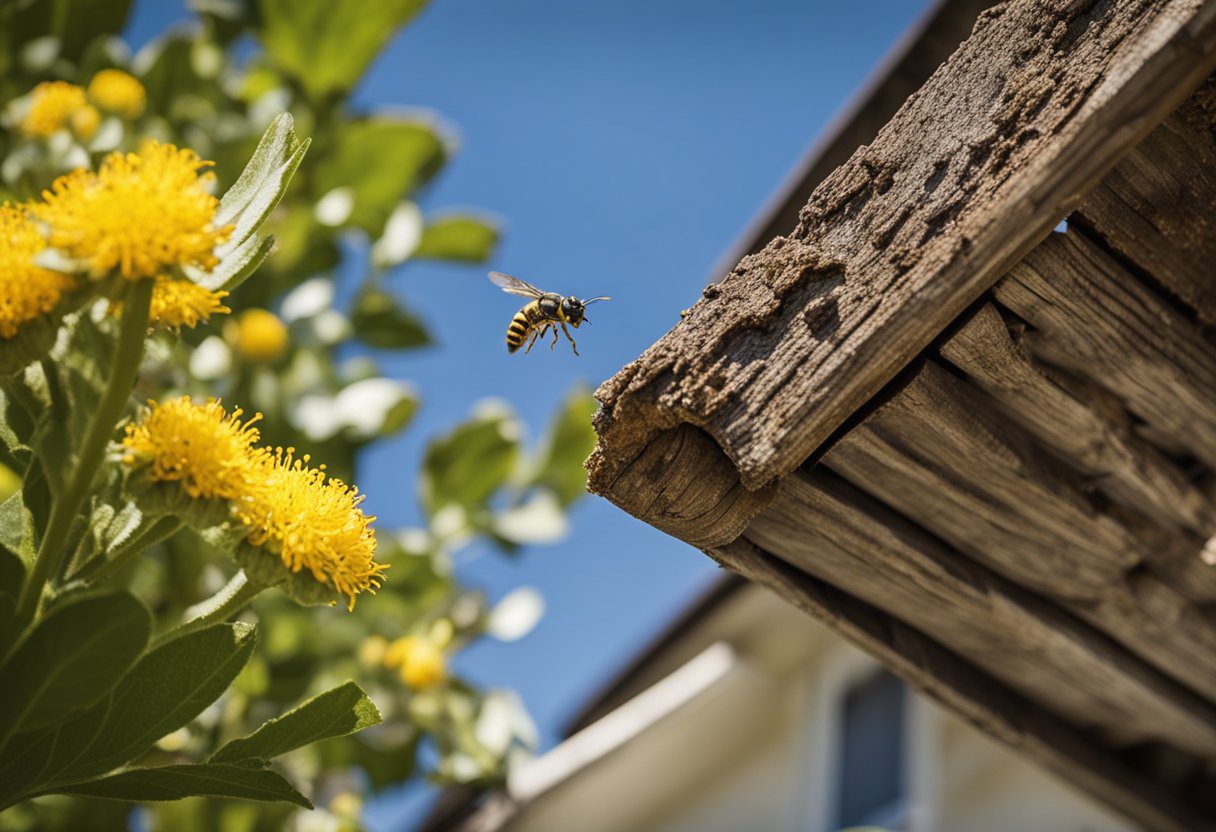A wasp hovers near a nest, displaying its distinct yellow and black markings. A house is seen in the background, with protective measures in place