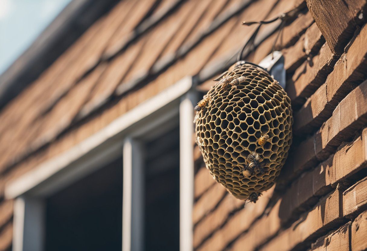 A wasp nest hanging from the eaves of a house. A person using protective gear sprays insecticide to remove it