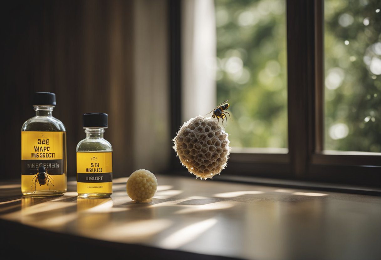 A house with sealed windows and doors, a hanging fake wasp nest, and a bottle of insect repellent on a table