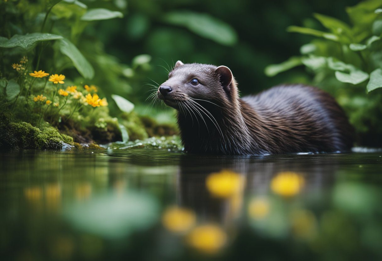 En mink som svømmer grasiøst i en klar, strømmende bekk, omkranset av frodig grønn vegetasjon og livlige villblomster