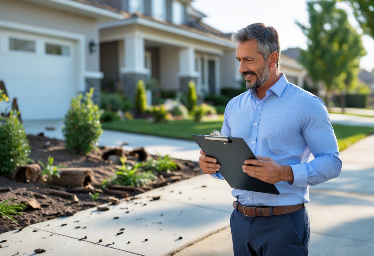 En boligeier snakker med en forsikringsagent utenfor et hus med små skader forårsaket av dyr og skadedyr.