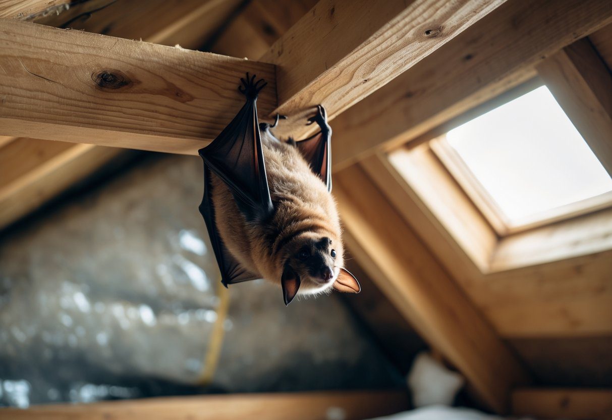 En flaggermus henger opp ned på trebjelker inne i en loftsrom i et norsk hus.