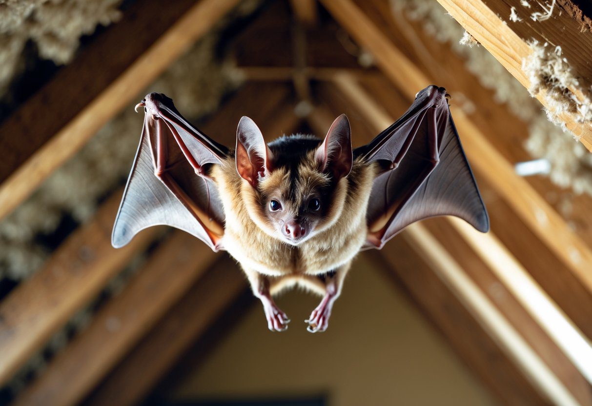 En flaggermus som henger opp ned inne i en loftsdel av et hus.