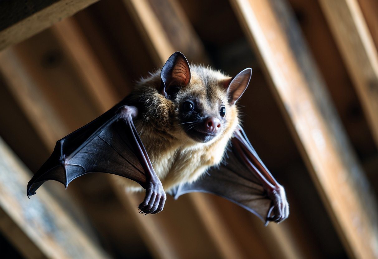 En flaggermus som henger opp ned i et loft med trebjelker inne i et hus.