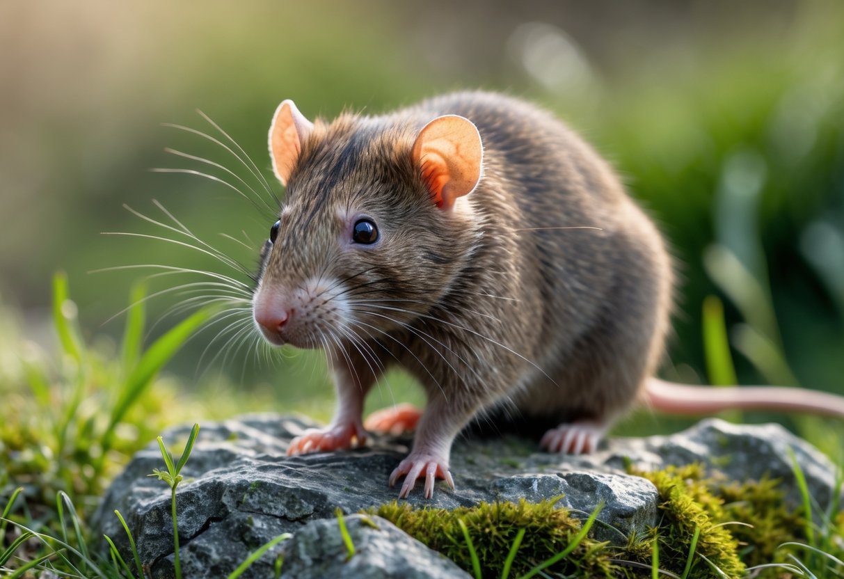 En brun rotte på en mosegrodd stein i naturen, omgitt av grønt gress og små planter.