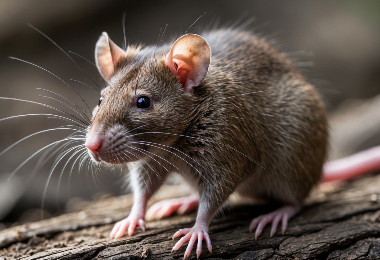 Nærbilde av en brun rotte med tydelige værhår, små runde ører, svart øyne og lang rosa hale på en naturlig overflate.