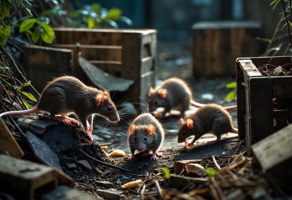 Flere rotter i et urbant miljø som klatrer og leter etter mat blant gamle kasser og busker.