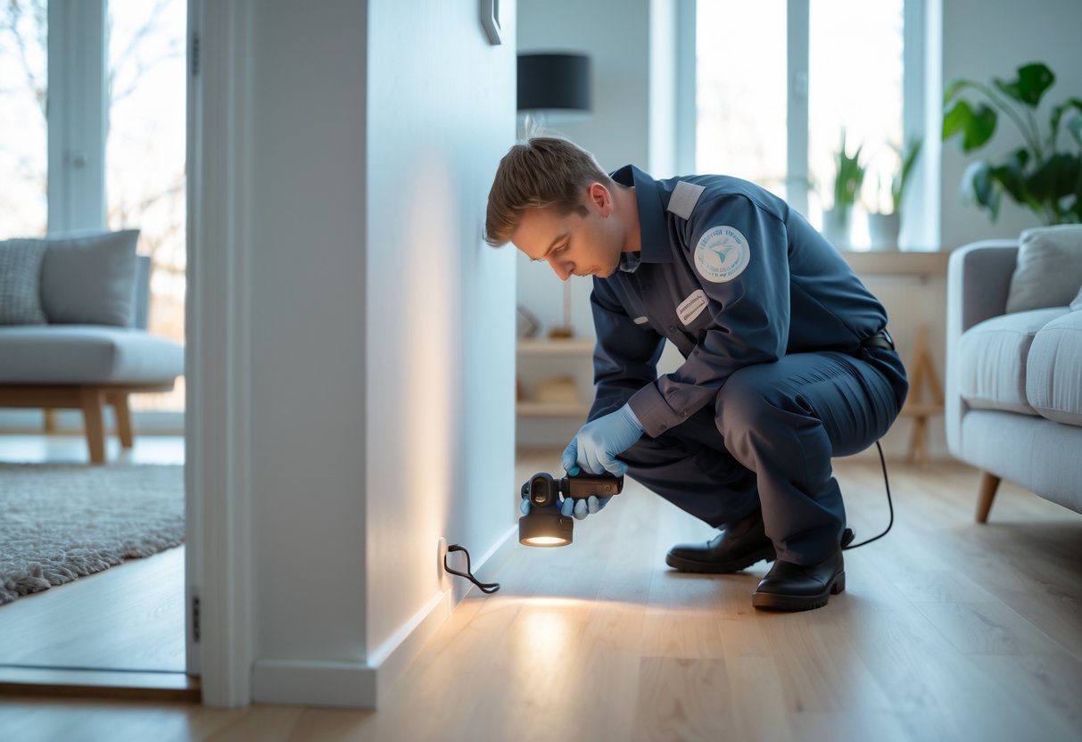En skadedyrbekjemper inspiserer et hjørne i en lys og ryddig stue i et hjem i Kristiansand.