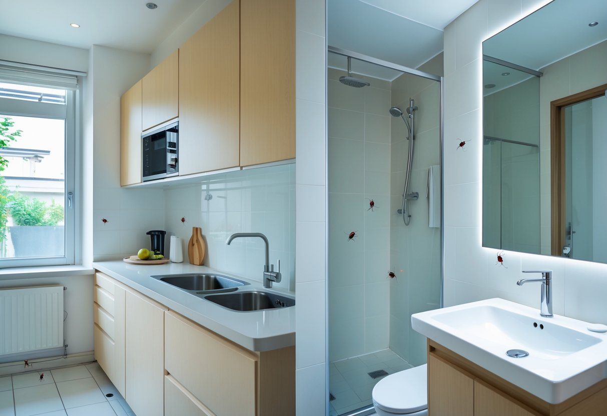 Moderne kjøkken og bad med små skjeggkre på vegger og i fuktige hjørner.