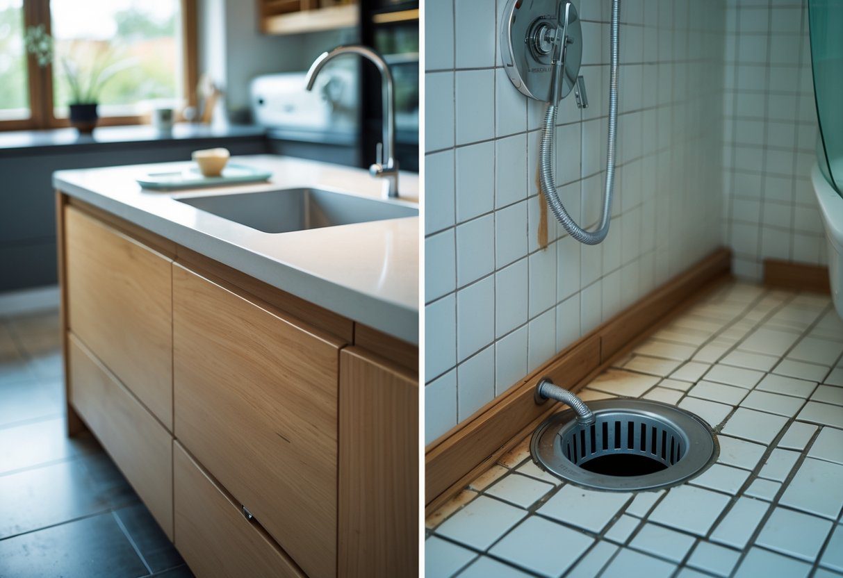 Moderne kjøkken og bad med synlige fuktige områder og små sprekker som gjør rommene utsatt for skjeggkre.