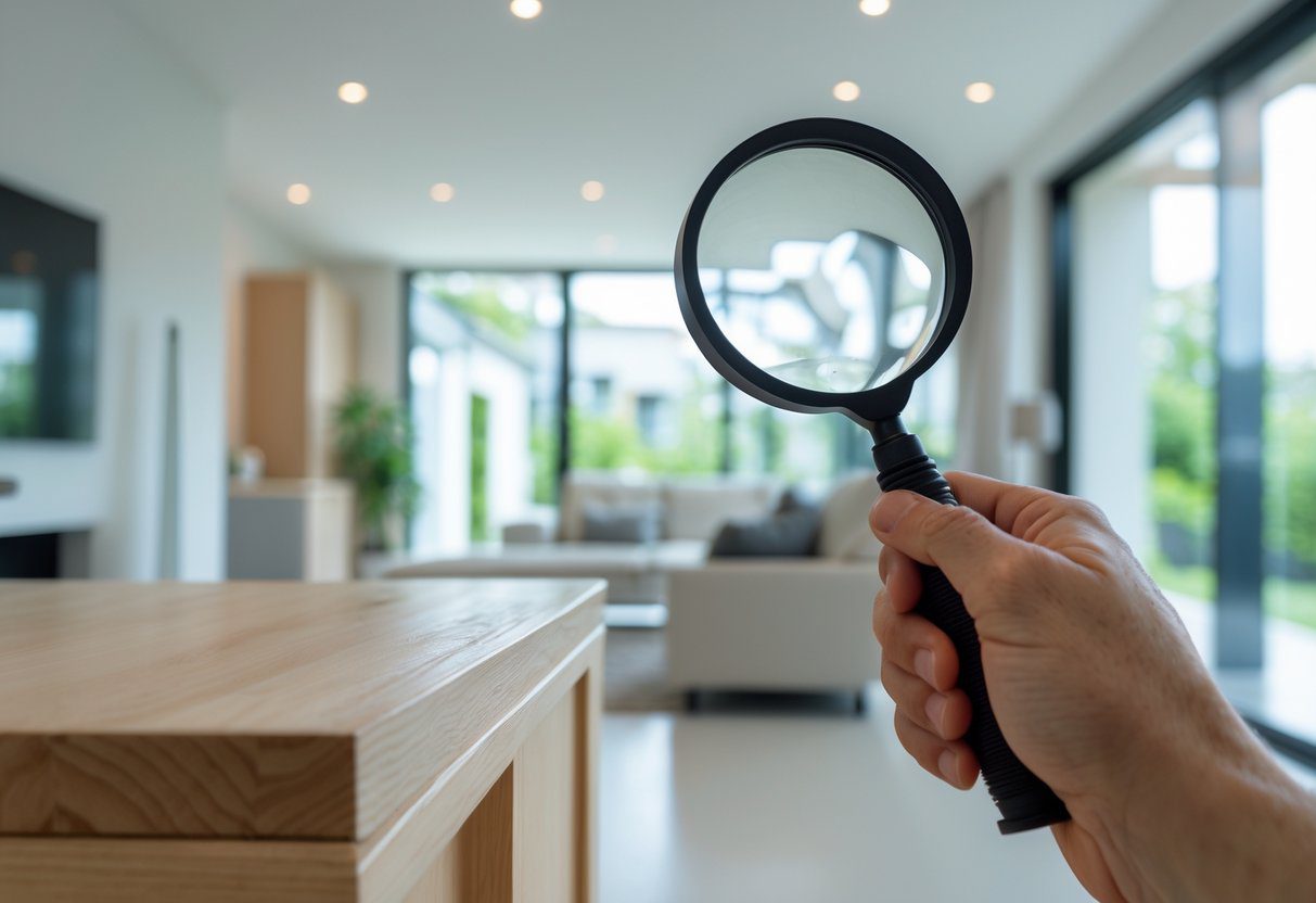 Nærbilde av en hånd som holder et forstørrelsesglass og undersøker et hjørne i et hjem under boliginspeksjon.