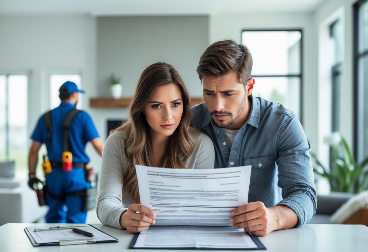 Et ungt par som undersøker hjemmet sitt med en skadedyrkontrollør i bakgrunnen.