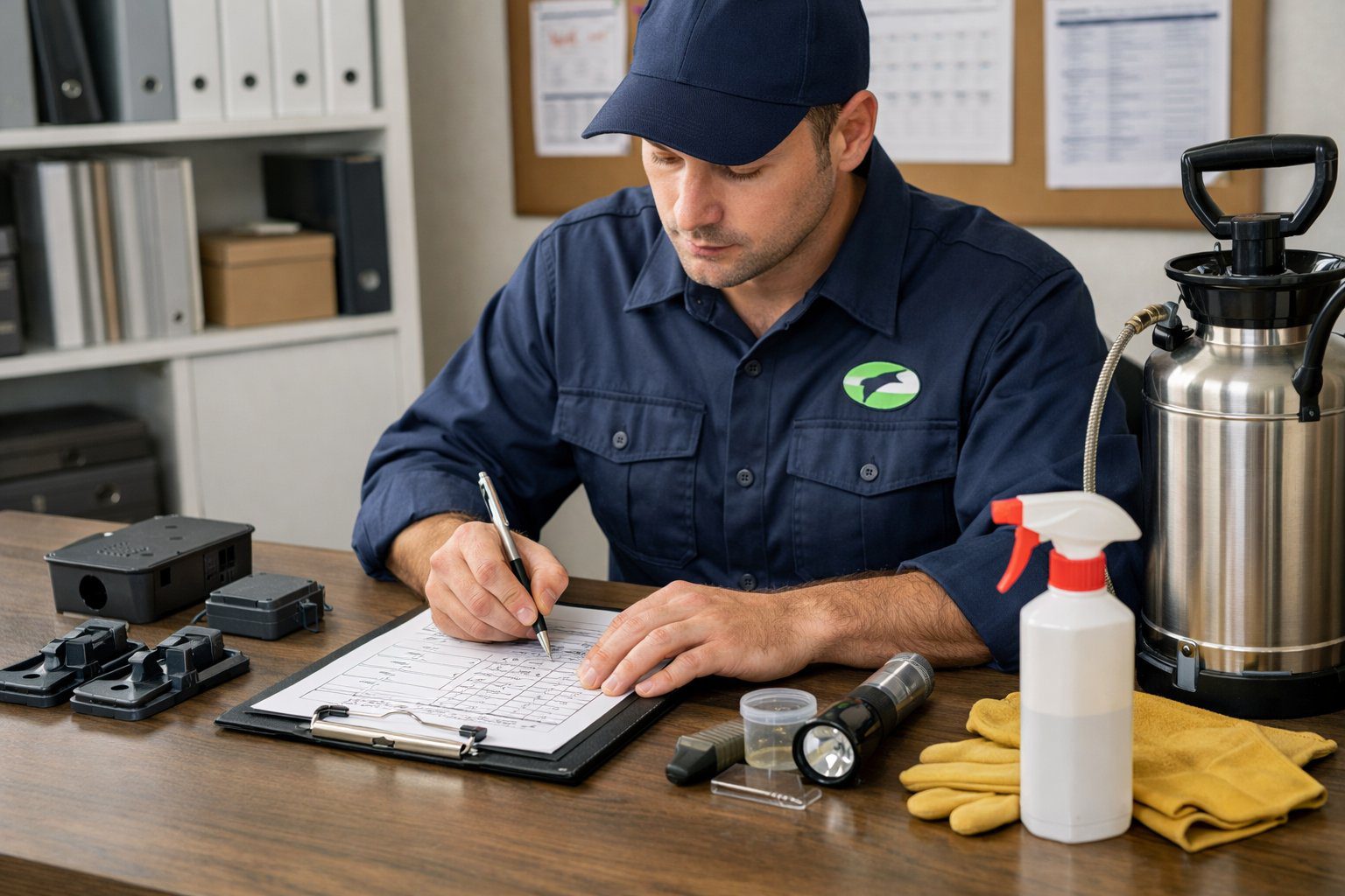 En profesjonell person i uniform fører logg over skadedyrkontroll i et kontormiljø med utstyr og dokumenter rundt seg.
