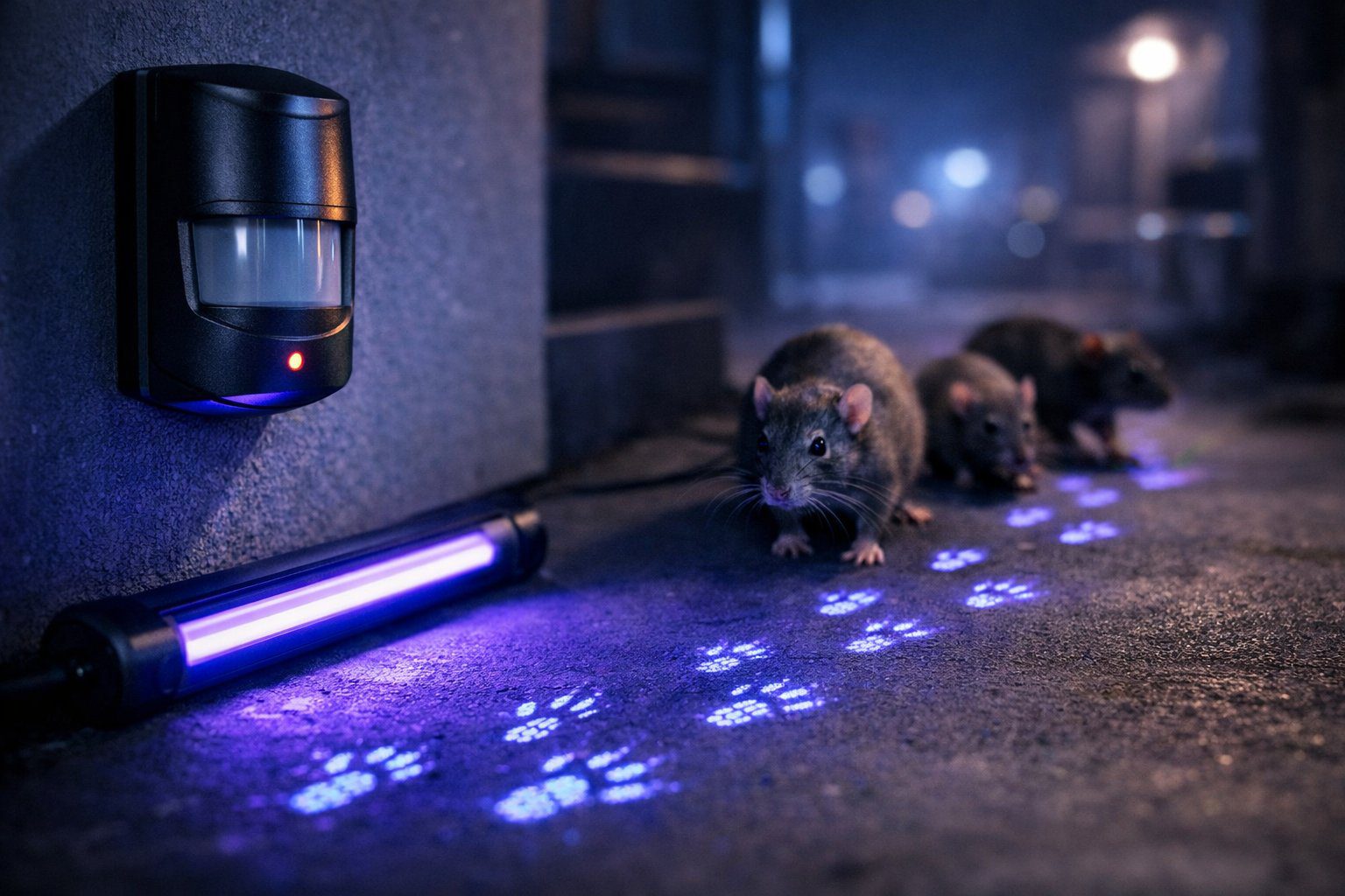 En nattlig scene med en bevegelsessensor og UV-lys som lyser opp rottefotspor mens rotter beveger seg i nærheten.