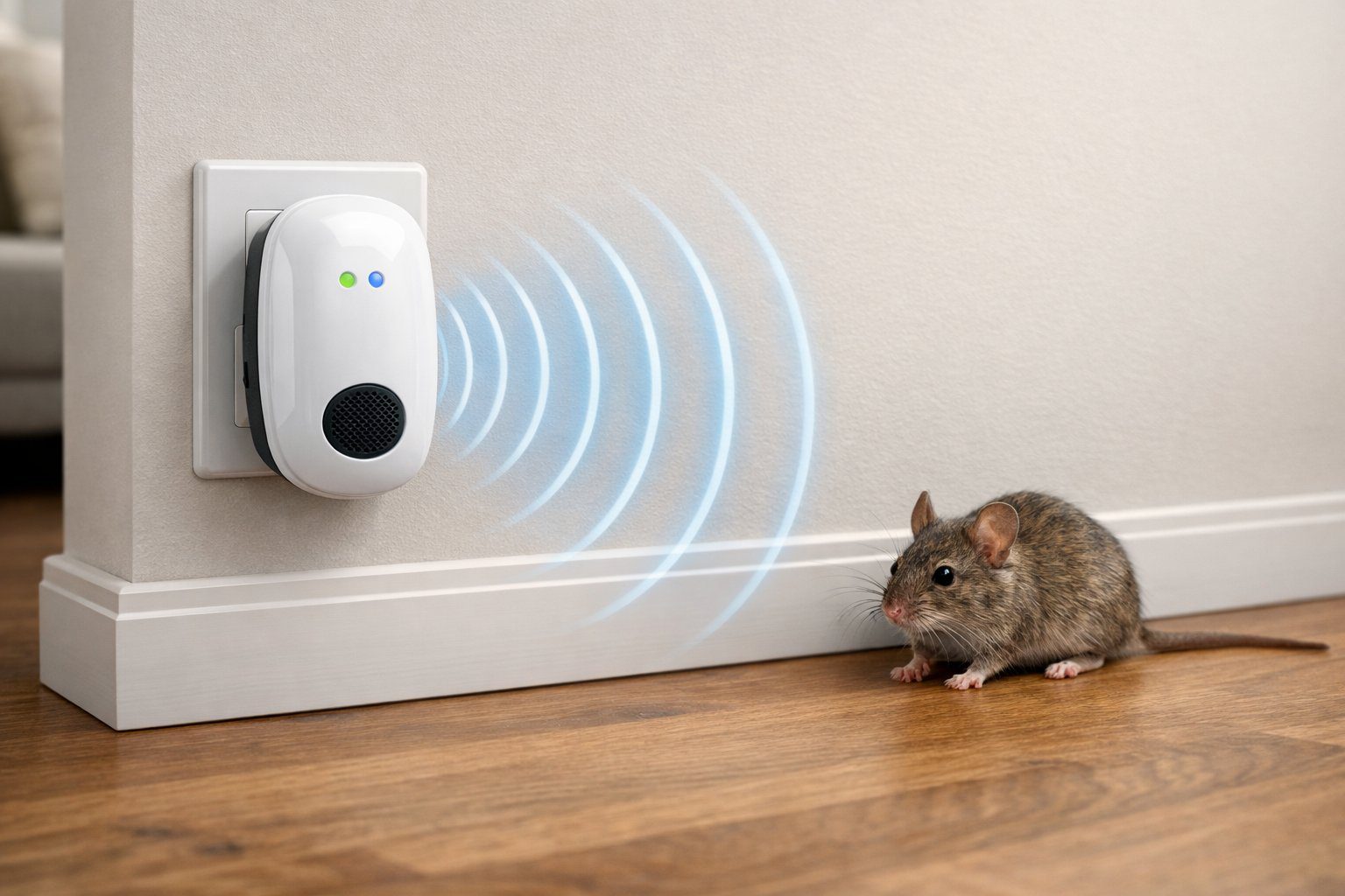 En elektronisk ultralydsavviser som sender ut lydbølger mot en liten mus i et hjem.