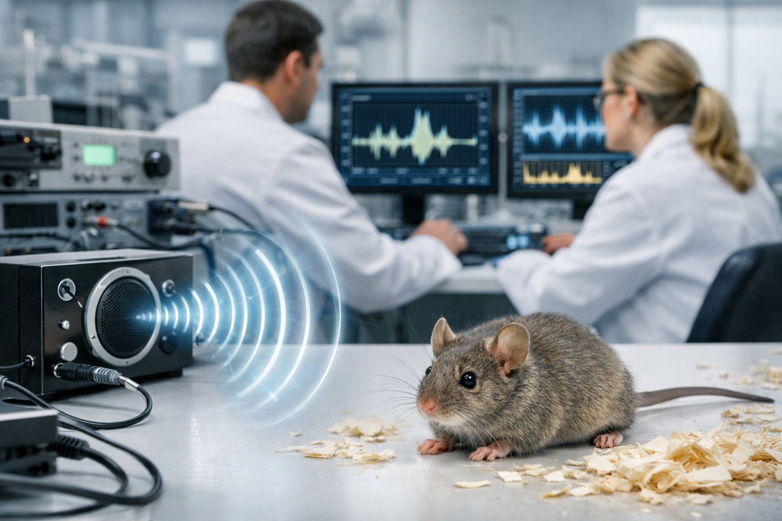 Et laboratorium med forskere og elektronisk utstyr som sender ut ultralydbølger mot en liten mus i et kontrollert miljø.