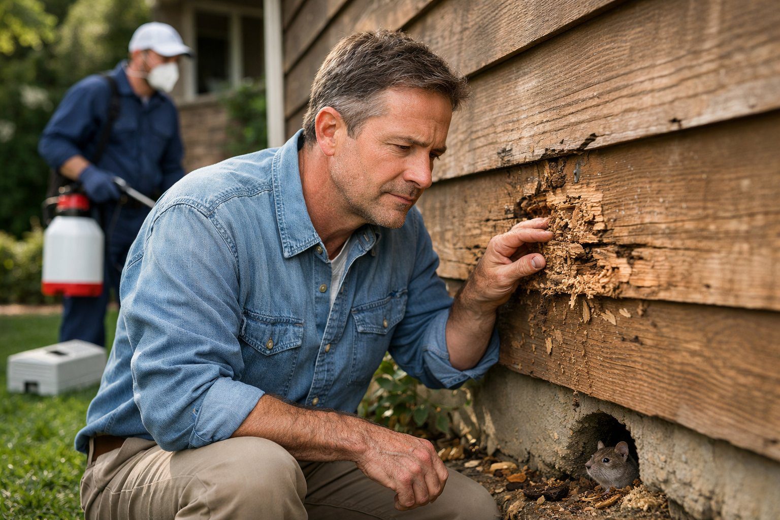 En boligeier inspiserer utsiden av huset for skadedyr mens en skadedyrbekjemper står i nærheten med utstyr.