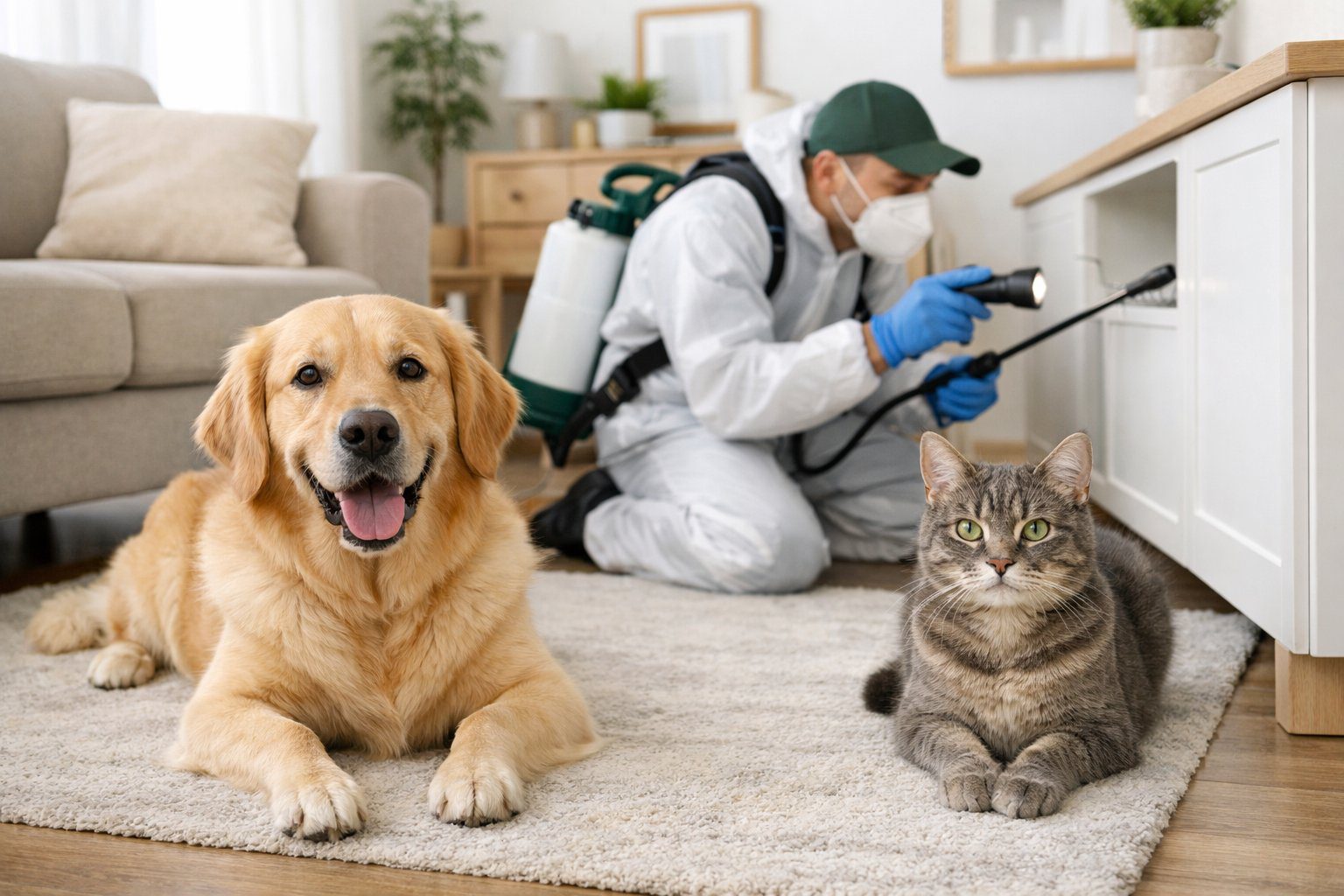 En hund og en katt i et hjem mens en skadedyrkontrolltekniker utfører inspeksjon i bakgrunnen.