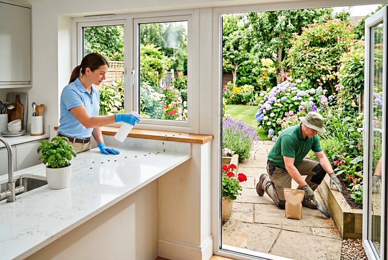 En person som sprayer antirepellent innendørs ved et vindu, og en gartner som legger ut maurfeller i en hage utendørs.