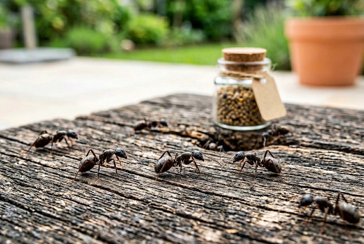 Nærbilde av maur på en naturlig overflate med et lite beistmiddel i nærheten.