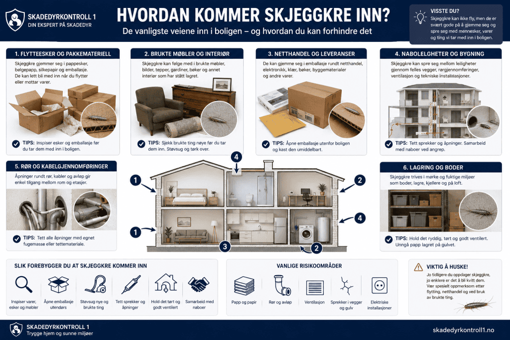 Infografikk som viser de vanligste spredningsveiene for skjeggkre mellom bygninger.
