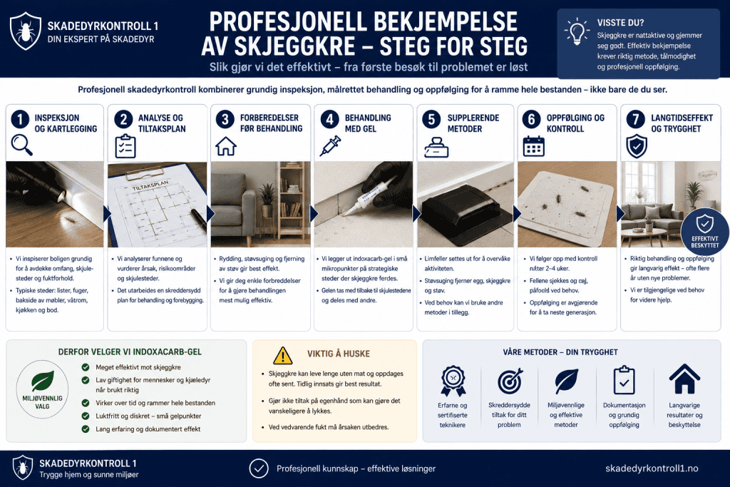 Infografikk som viser de viktigste stegene i profesjonell bekjempelse av skjeggkre.