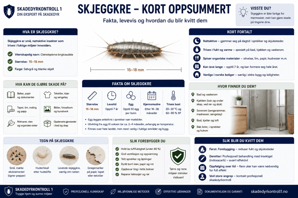 Infografikk som oppsummerer de viktigste faktaene om skjeggkre og bekjempelse.