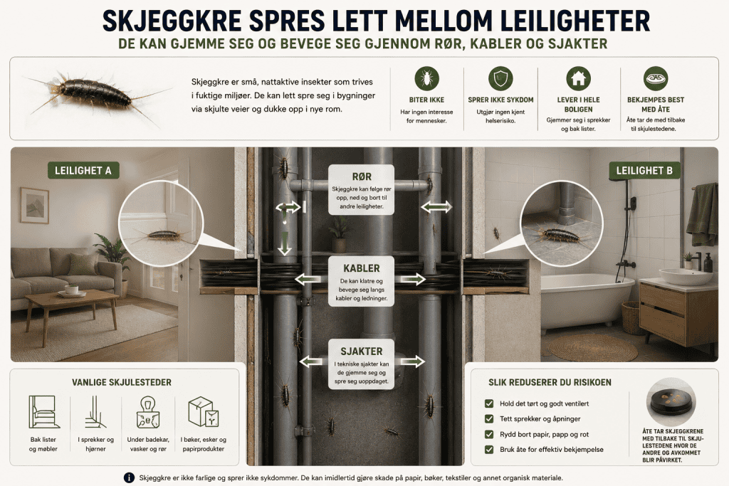 Infografikk som viser hvordan skjeggkre kan spre seg mellom leiligheter.