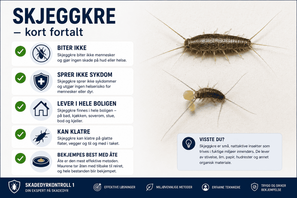 Infografikk med de viktigste faktaene om skjeggkre og hvordan de skiller seg fra andre skadedyr.