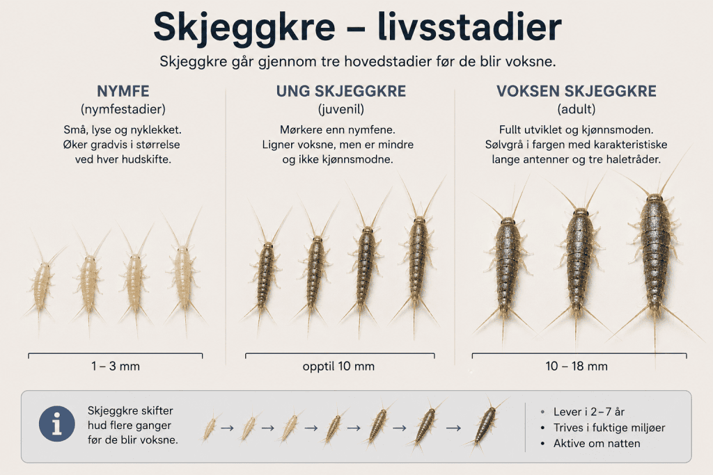 Voksne og unge skjeggkre i ulike utviklingsstadier.