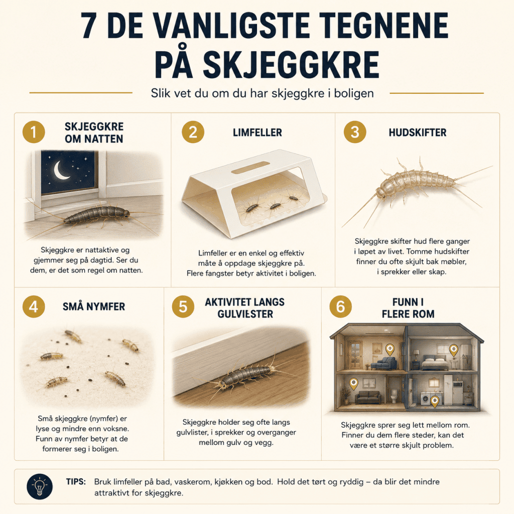 Infografikk som viser de vanligste tegnene på skjeggkre i en bolig.