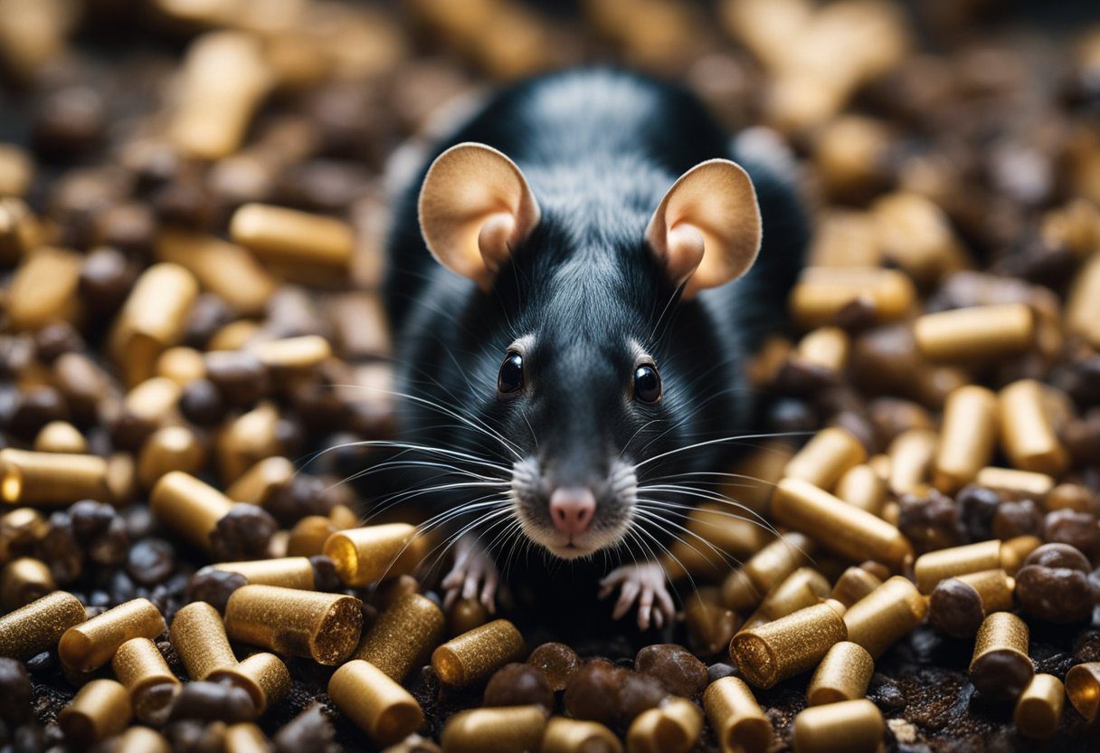 A pile of rotting food surrounded by scattered rat poison pellets. A dead rat lies nearby, while other rodents flee the area