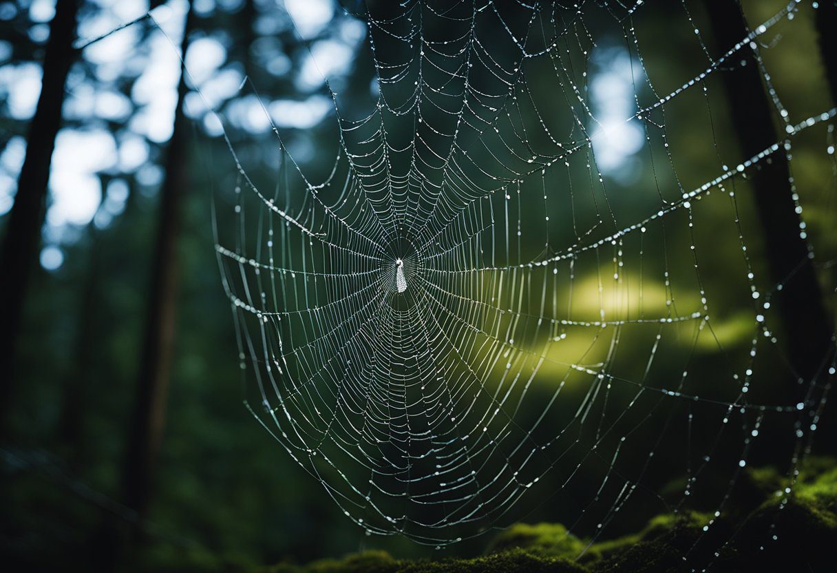 Spiders in Norway: A dark forest with webs glistening in the moonlight, a variety of spiders crawling among the trees and rocks