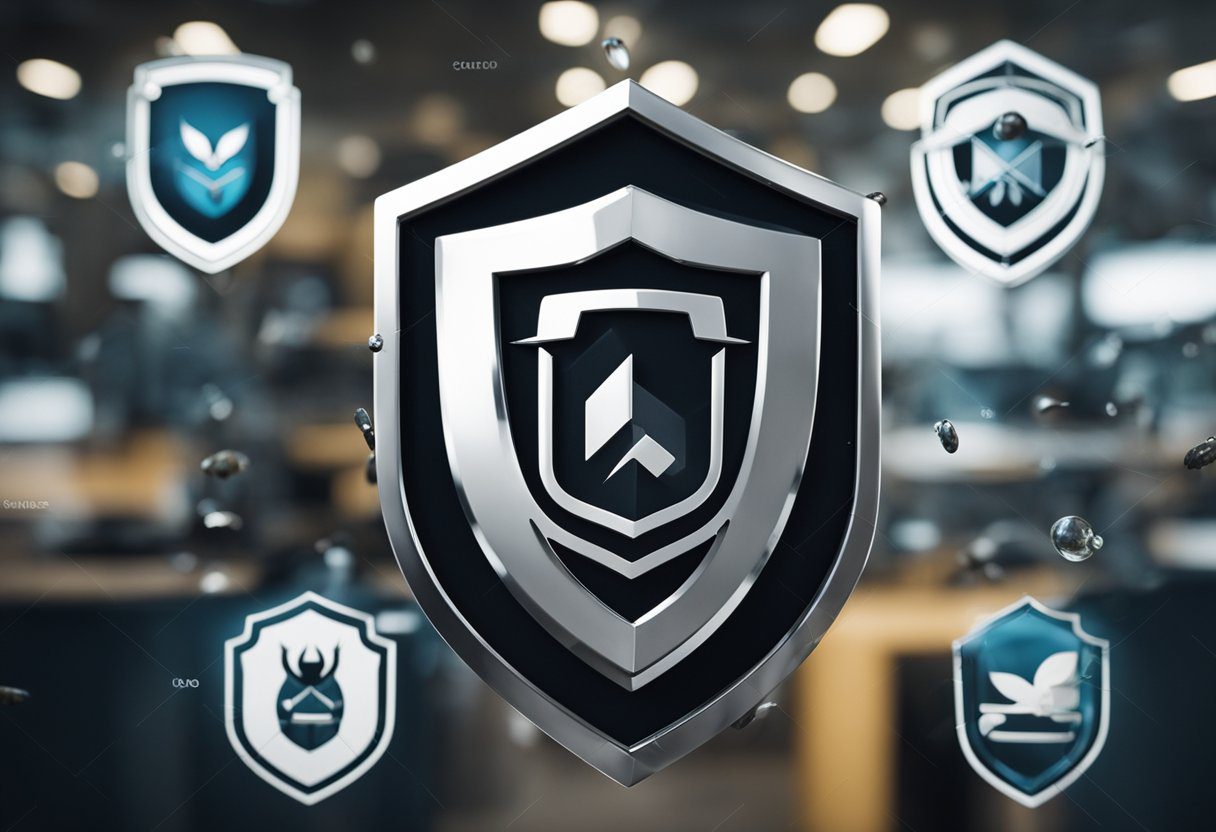A company logo surrounded by protective shields, with pests kept at bay. Reputation management strategies in the background