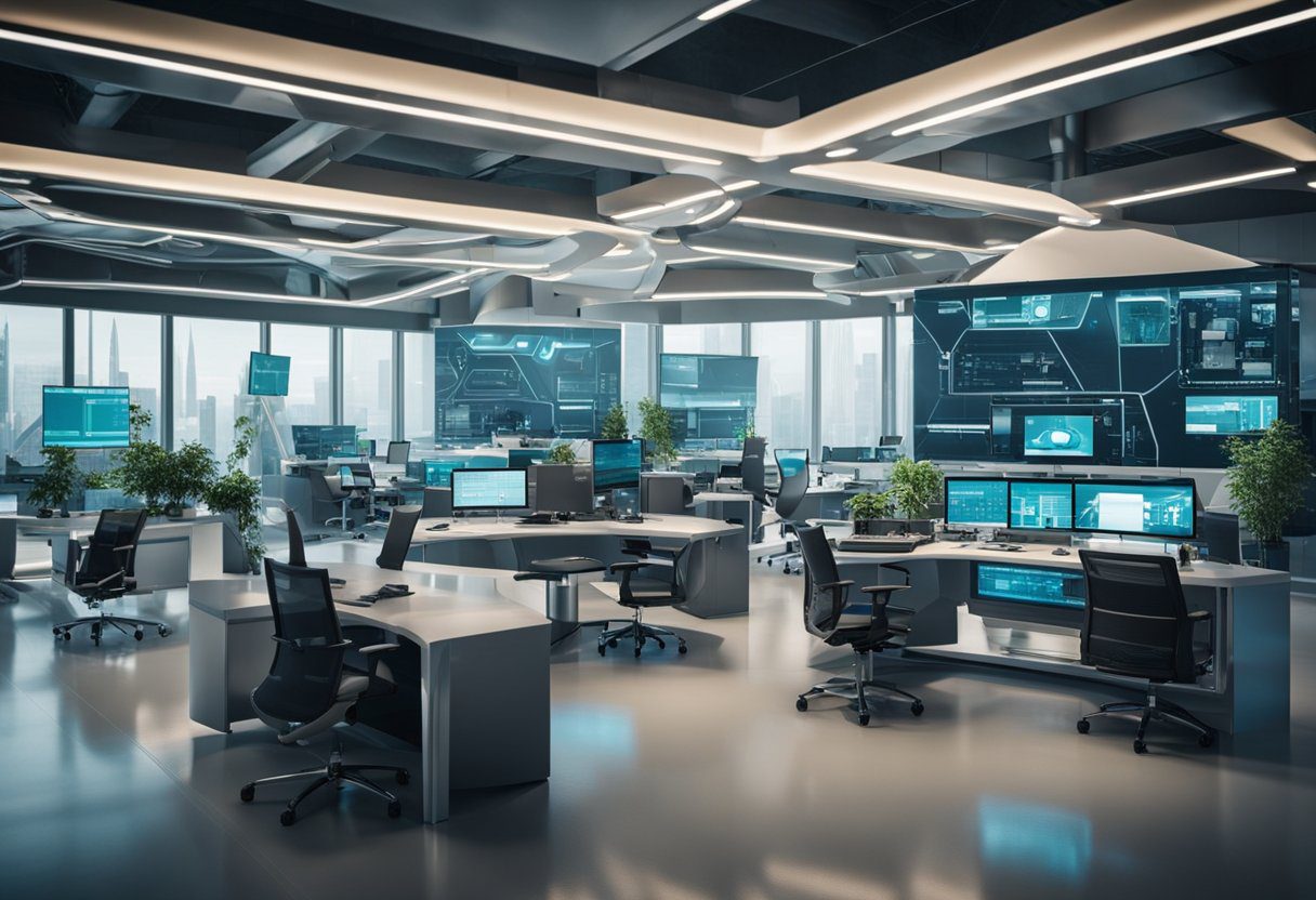 A futuristic, high-tech pest control facility with advanced equipment and innovative solutions. Cutting-edge technology and innovative methods are prominently featured in the scene