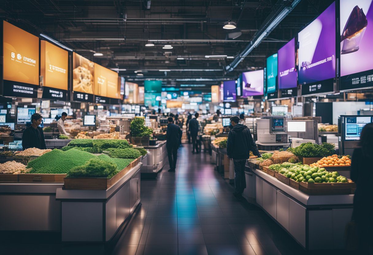 A bustling marketplace with futuristic pest control innovations on display. Vibrant colors and advanced technology create a dynamic atmosphere for the industry's future