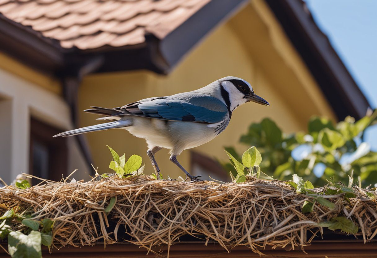 A bird perched on a roof, attempting to build a nest under the overhanging eaves. Nearby, a person installs bird deterrent spikes to prevent nesting