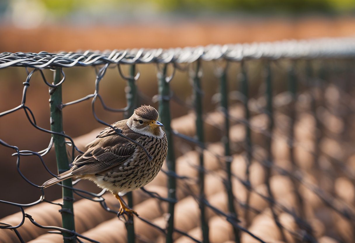 A metal mesh installed under the roof tiles prevents small birds from nesting. Mesh is secured to the underside of the roof, creating a barrier