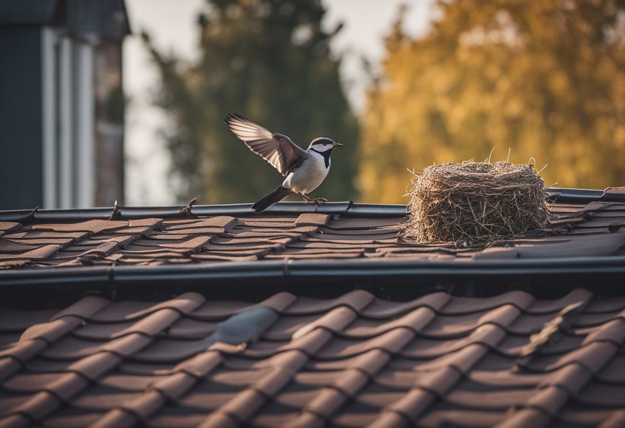 A bird perched on a roof with a nest underneath the eaves. A person installing bird deterrent spikes or wire mesh to prevent nesting