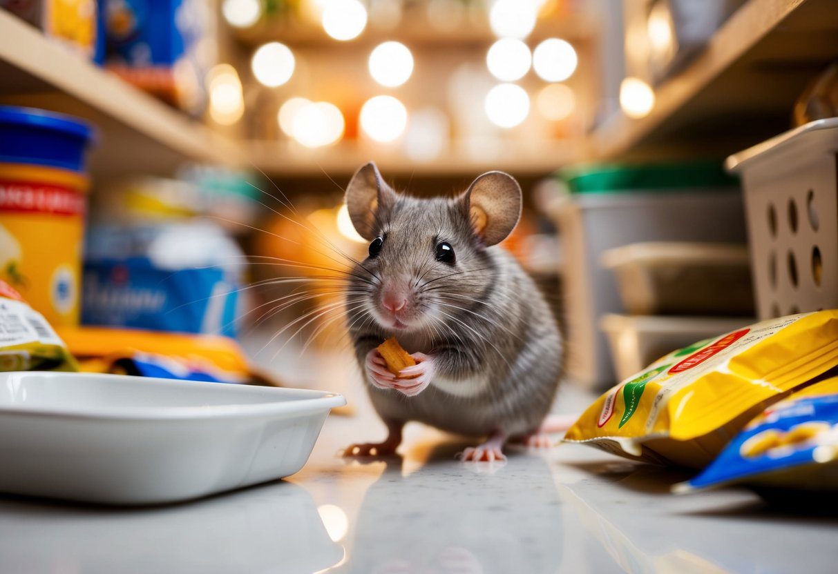 En mus som skyndte seg gjennom et rotete spiskammer, nibbling på matemballasje