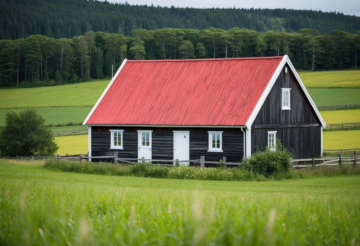 Et rustikt gårdshus med rødt tak som ligger i det frodige grønne landskapet i Sør-Norge, omkranset av marker og skoger.