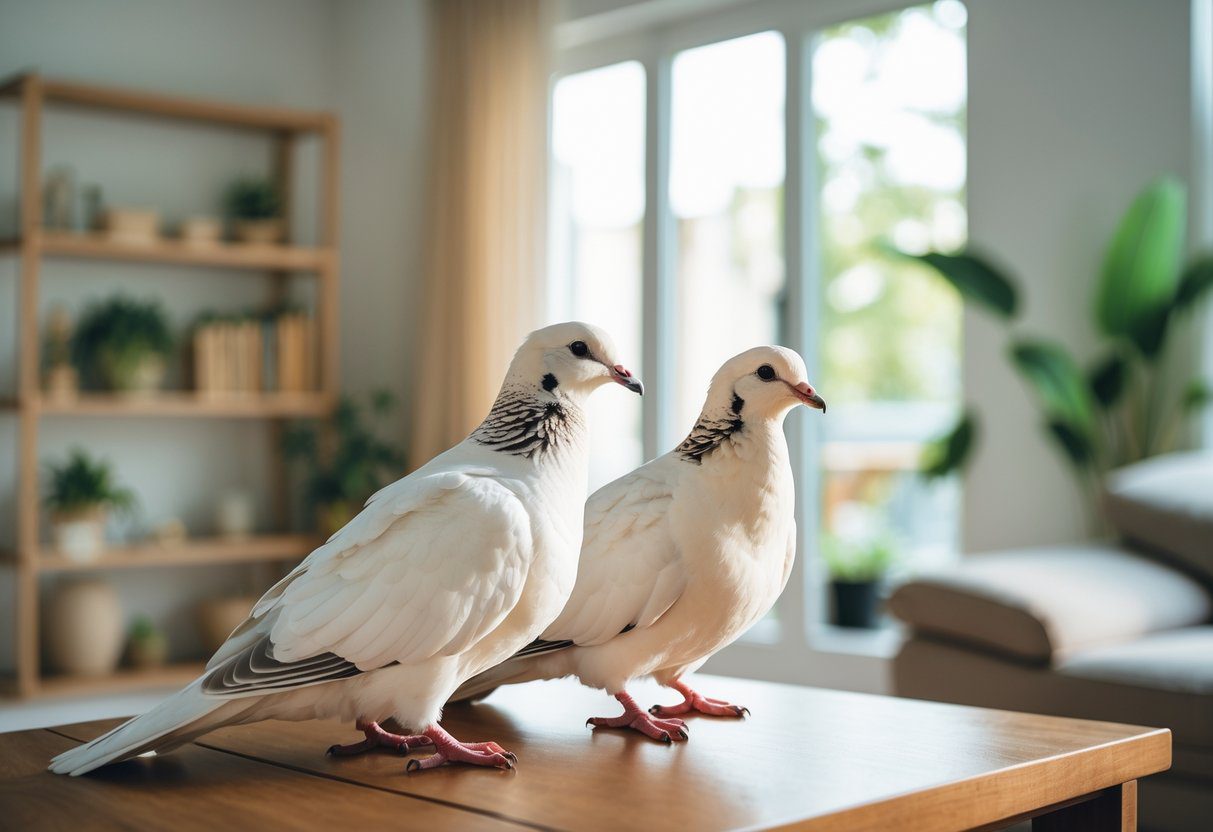 To hvite duer i et koselig hjem ved et vindu med naturlig lys.