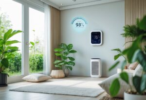Et lyst og moderne oppholdsrom med store vinduer, grønne planter, digital termostat og luftrenser, som viser et komfortabelt og sunt inneklima.