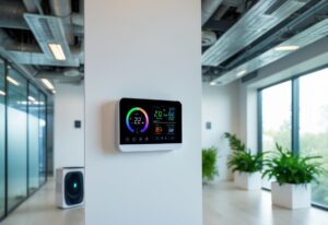 Moderne kontor med digital termostat og inneklimateknologi som luftfilter og ventilasjon.